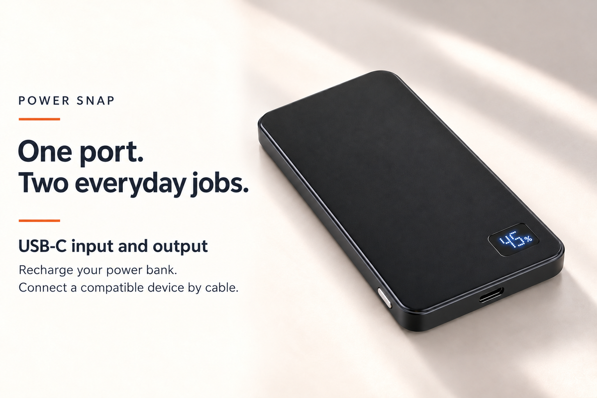 Power Snap 10K USB-C input and output, digital display showing charge percentage.