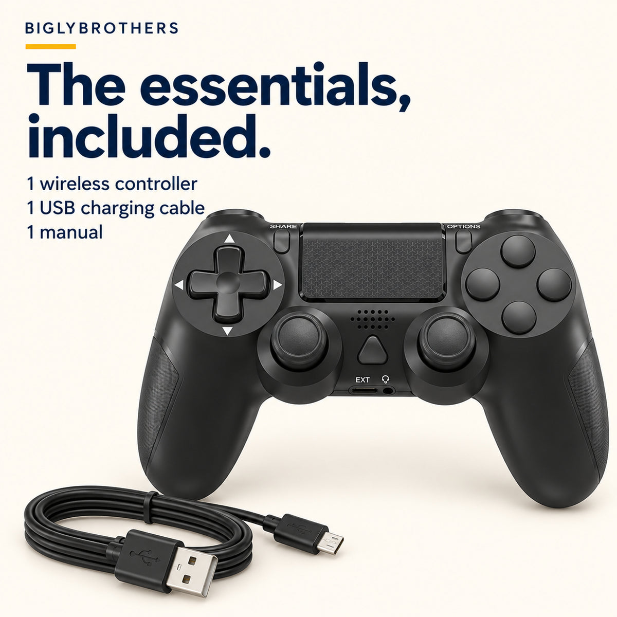 Bigly Brothers Strike Wireless Controller for PS4/PC – Dual Vibration, Six-Axis Motion Sensing, Touchpad, Built-in Speaker, 3.5mm Headset Jack, 800mAh Rechargeable Battery – Black