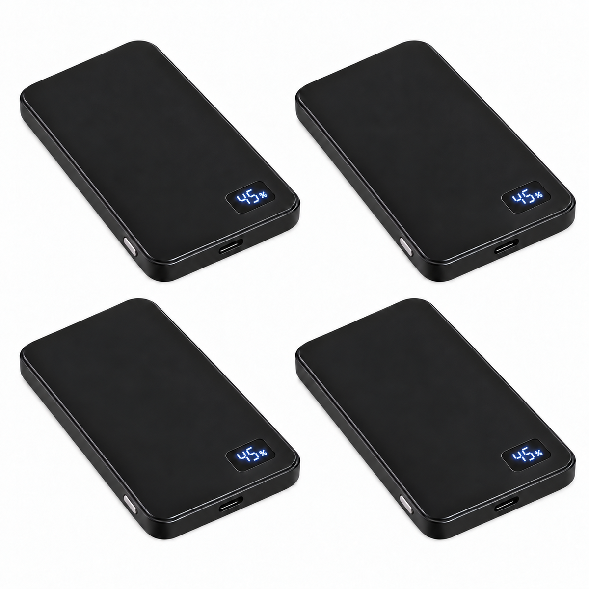 Four black Power Snap 10K power banks with digital charge displays, family four-pack offer. Product only.