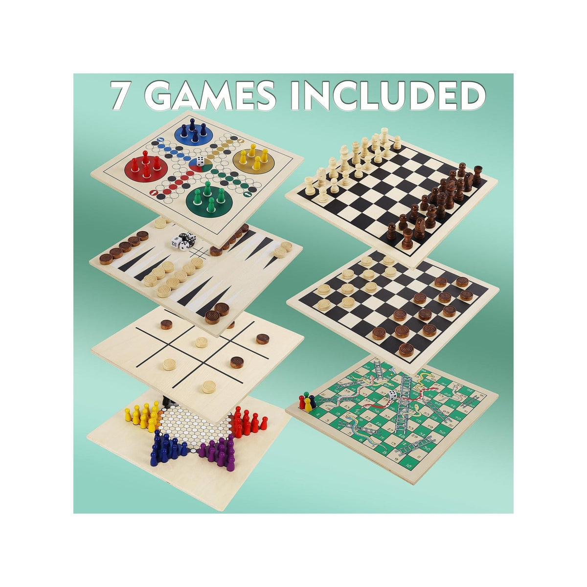 7-in-1 Wooden Board Game Set — Chess, Checkers, Backgammon, Tic-Tac-Toe, Chinese Checkers, Snakes & Ladders and Ludo in One Box with 3 Slide-Out Boards
