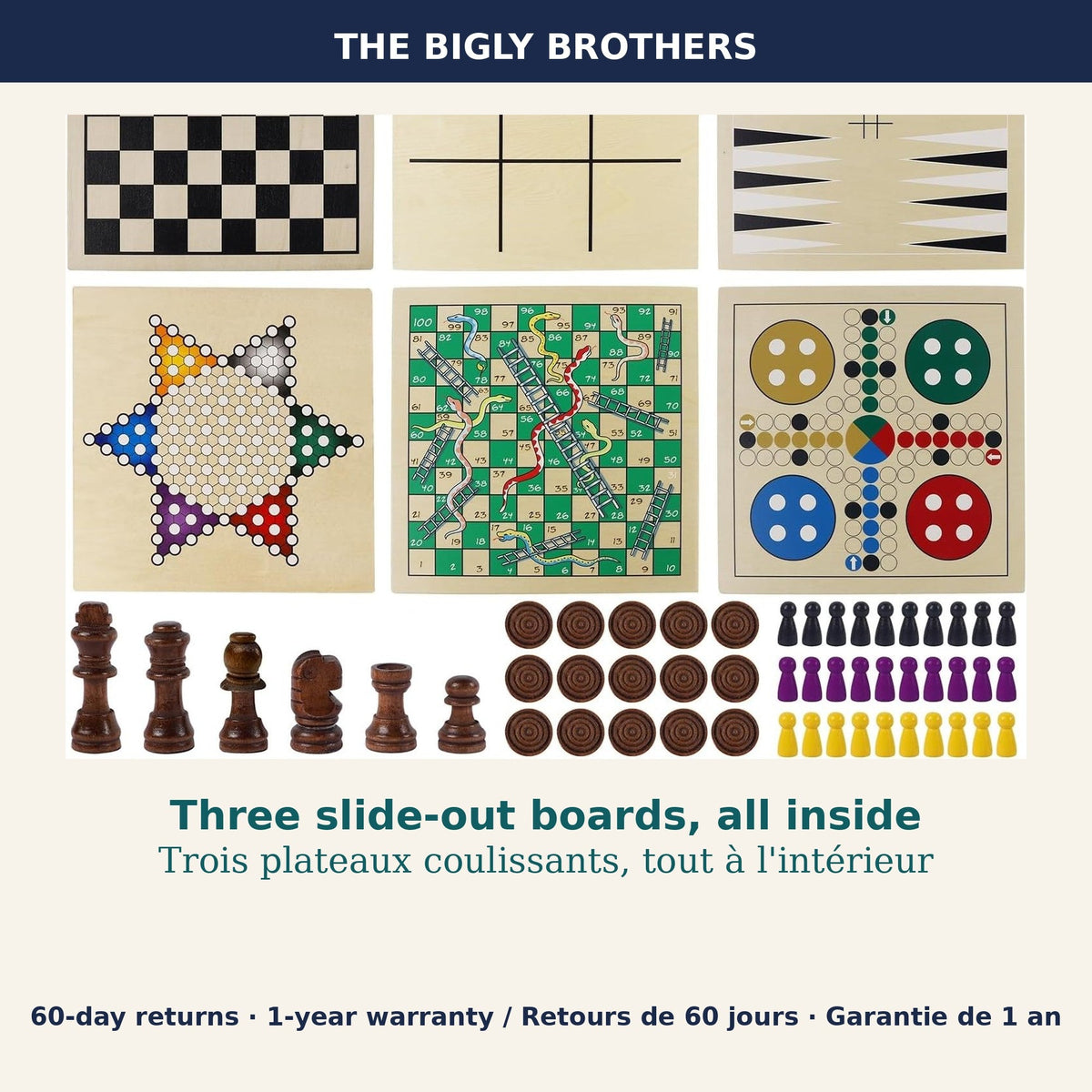 7-in-1 Wooden Board Game Set — Chess, Checkers, Backgammon, Tic-Tac-Toe, Chinese Checkers, Snakes & Ladders and Ludo in One Box with 3 Slide-Out Boards