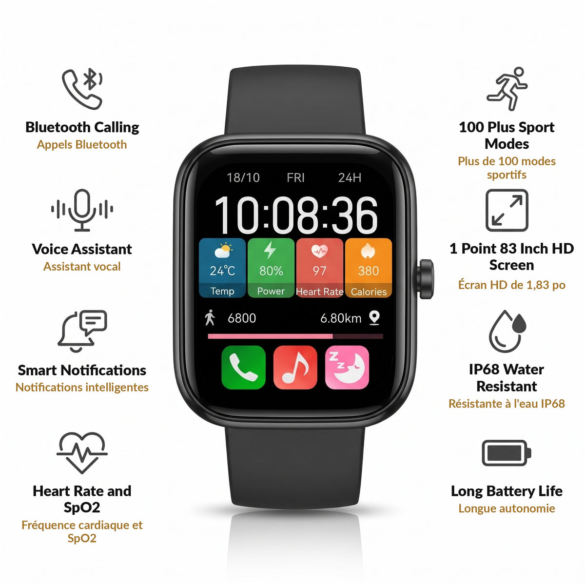 Smart Watch for Men and Women with Bluetooth Calling 1.83 Inch HD Touchscreen Fitness Tracker Heart Rate SpO2 Sleep Monitor 100 Sport Modes IP68