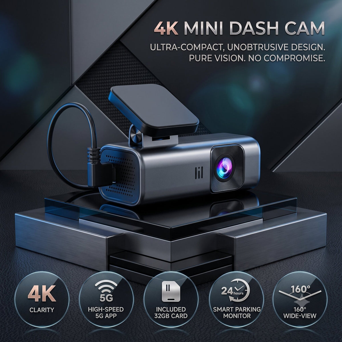 4K Dash Cam Front with Loop Recording, 64GB Card Included, Supports 256GB, 24 Hours Parking Monitor, G-Sensor, 5G WiFi & APP Control Dash Camera, Mini Dashcam for Cars