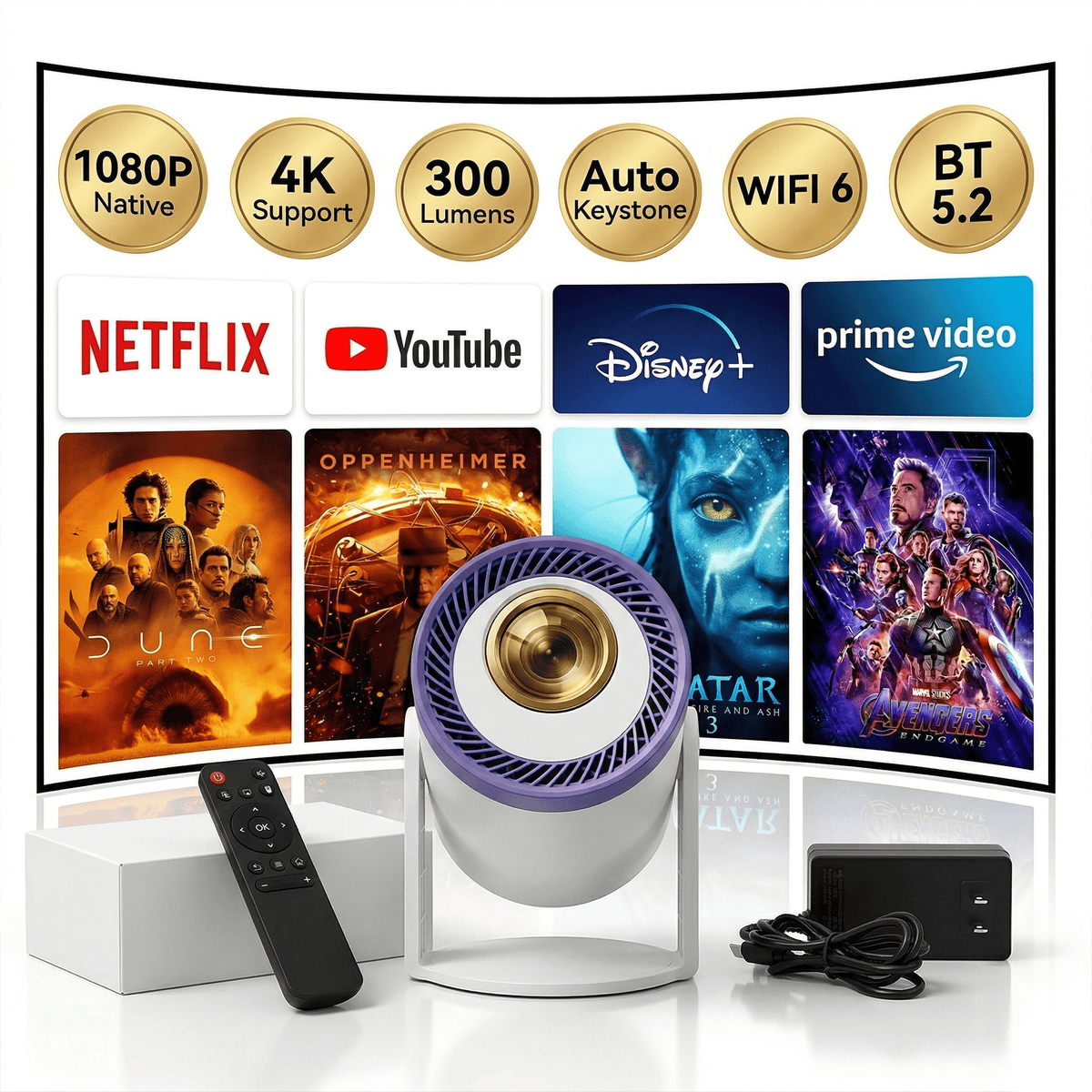 Brother Eye 4k Mini Projector, 300 Lumens, Built-in Speaker, Pre-installed Apps, Up to 235-inch Size Display, 2GB RAM, 16GB ROM, Ultra-fast, All-in-One Super Mini Projector
