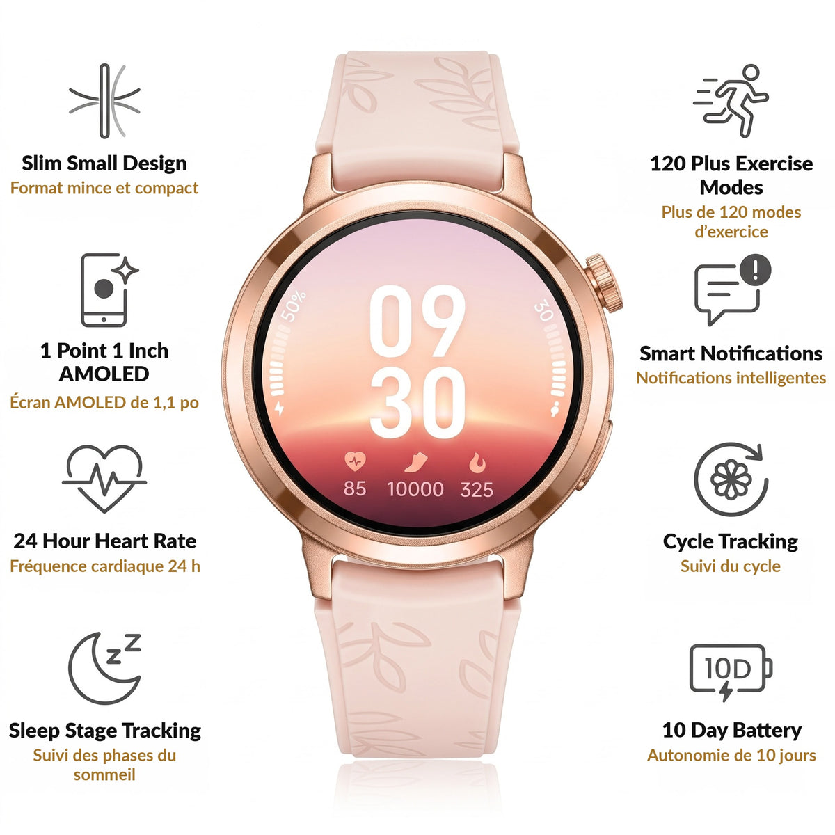 Slim Women's Smart Watch 1.1 Inch AMOLED Small Round Fitness Tracker 24 Hour Heart Rate Sleep Stages Cycle Tracking 120 Sport Modes 10 Day Battery