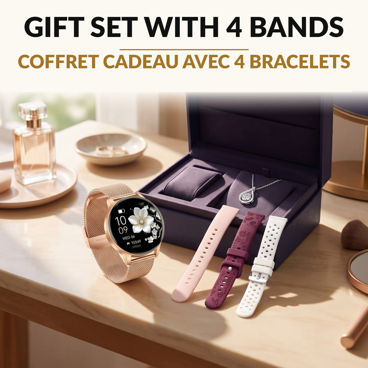 Women's Smart Watch Gift Set with 4 Bands and Necklace 1.27 Inch HD Round Fitness Tracker Bluetooth Calling Heart Rate SpO2 Sleep 120 Sport Modes