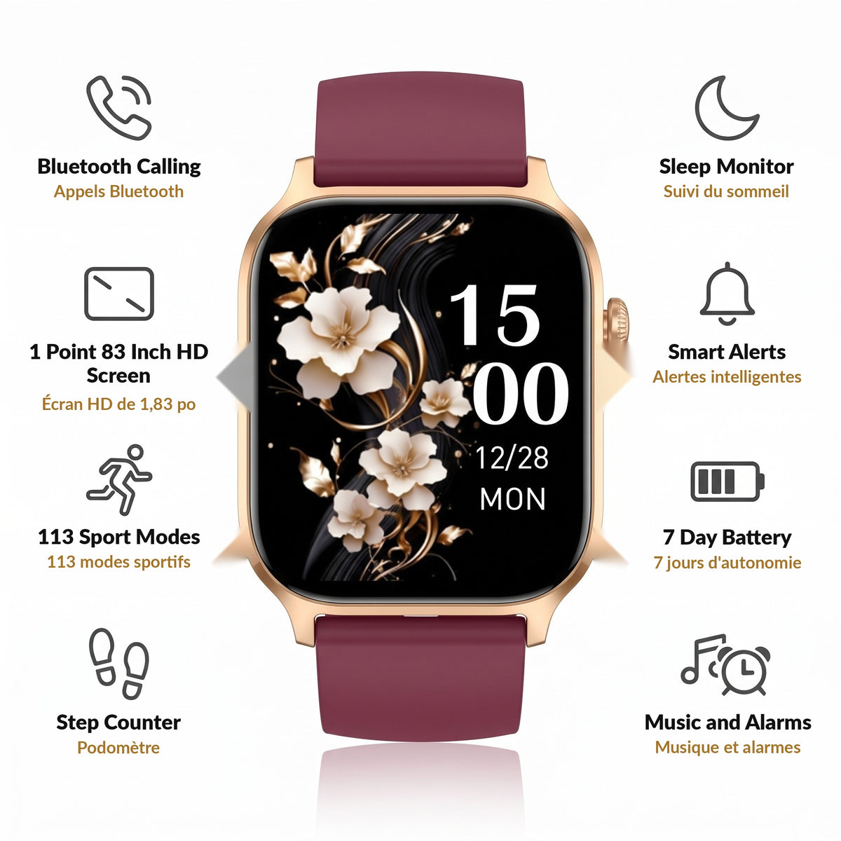 Smart Watch for Women and Men 1.83 Inch HD Screen Bluetooth Calling Step Counter Sleep Monitor 113 Sport Modes Fitness Tracker 7 Day Battery