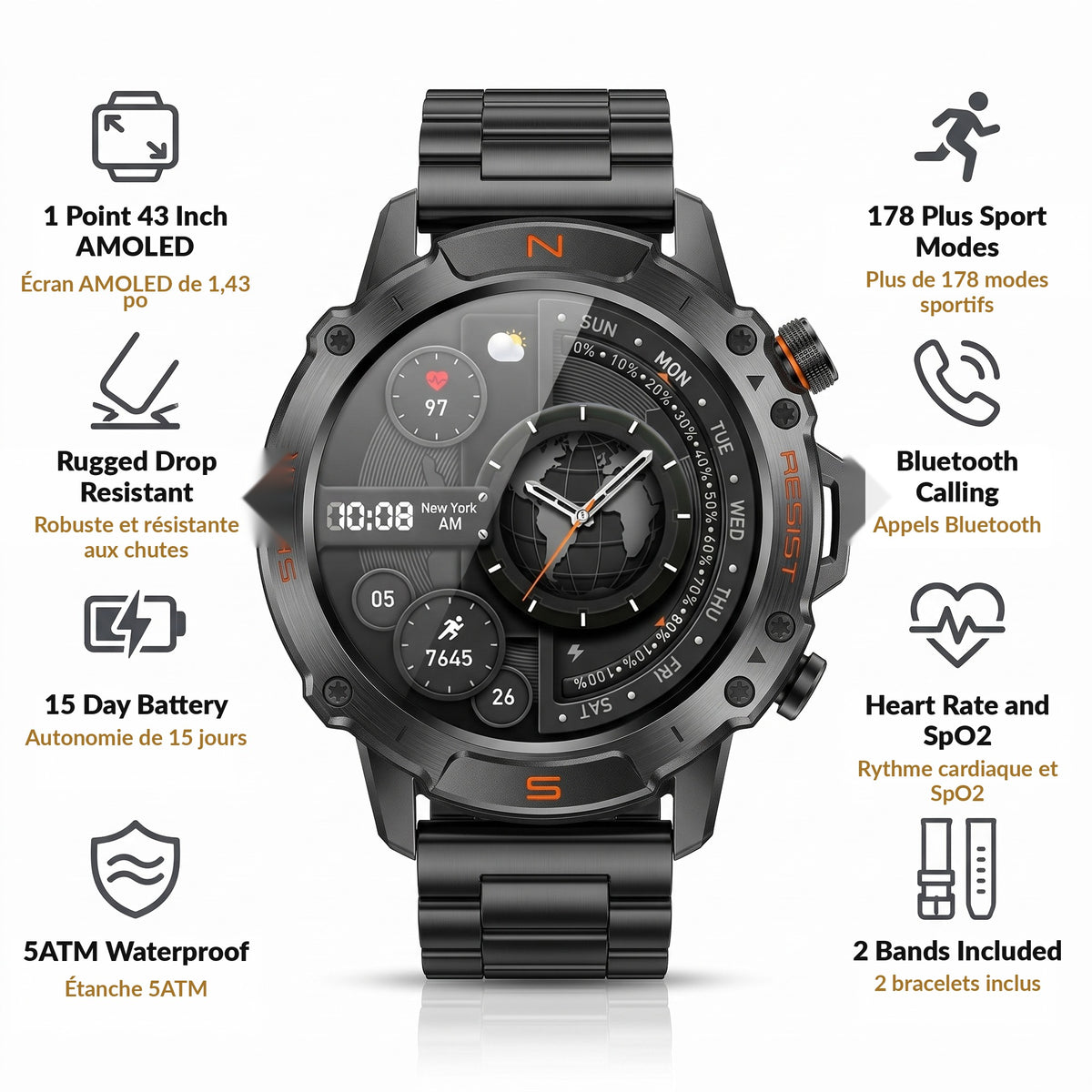 Rugged Smart Watch for Men 1.43 Inch AMOLED Always On Display 5ATM Waterproof 178 Sport Modes Bluetooth Calling 15 Day Battery with 2 Bands