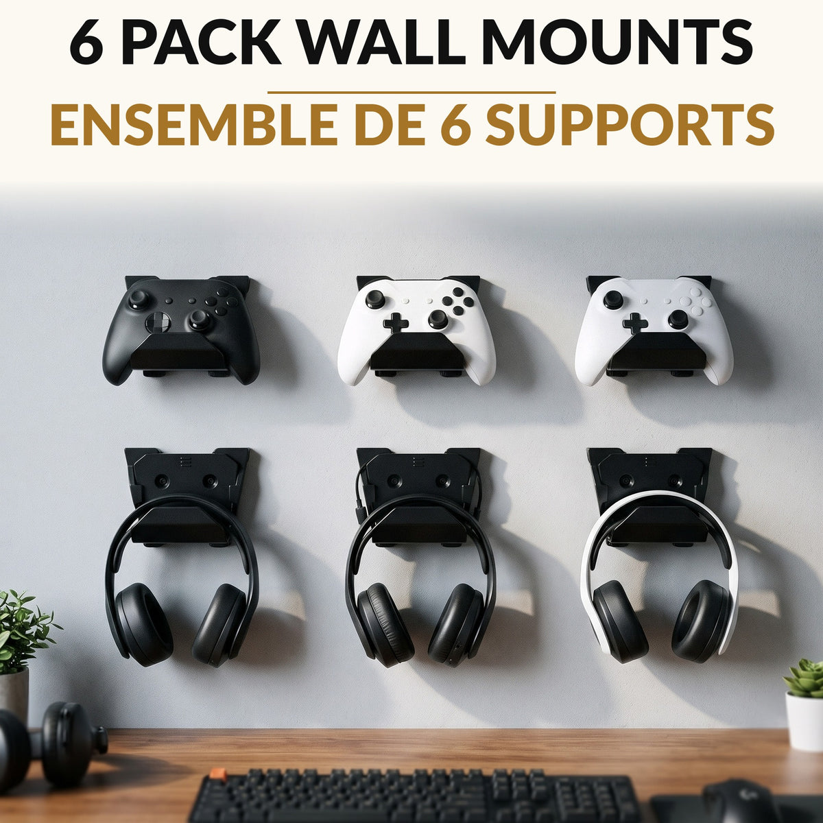 Controller and Headset Wall Mount 6 Pack Black Universal Game Controller Holder Stand with Adhesive and Screw Install Space Saving Gaming Room Storage