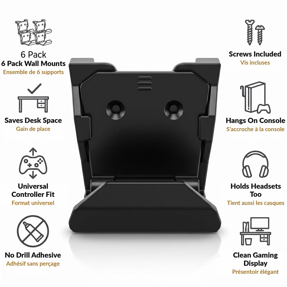 Controller and Headset Wall Mount 6 Pack Black Universal Game Controller Holder Stand with Adhesive and Screw Install Space Saving Gaming Room Storage