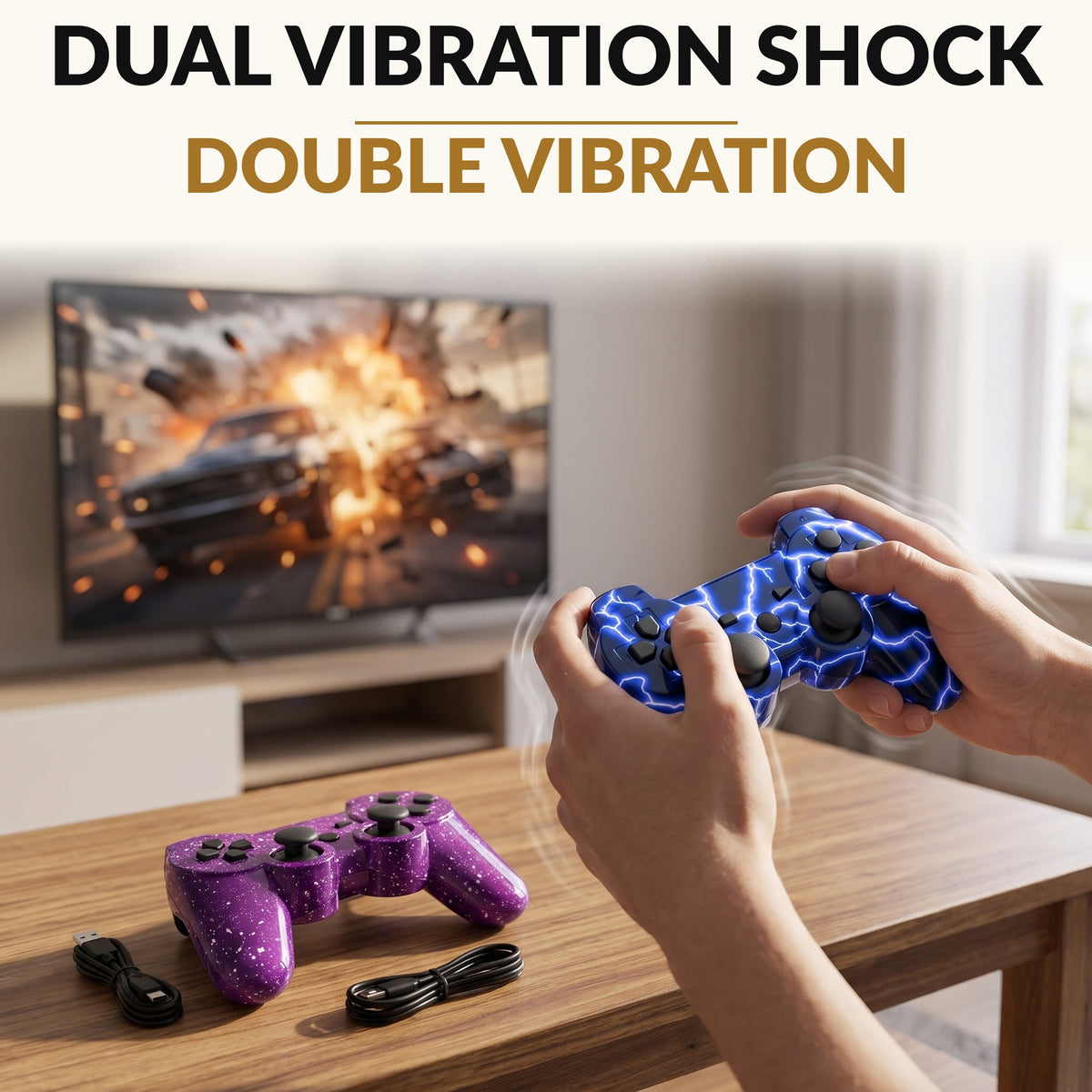 Wireless Game Controller 2 Pack Blue and Purple with Motion Sensing Dual Vibration 33 Foot Bluetooth Range and Charging Cables for Classic Gaming Console