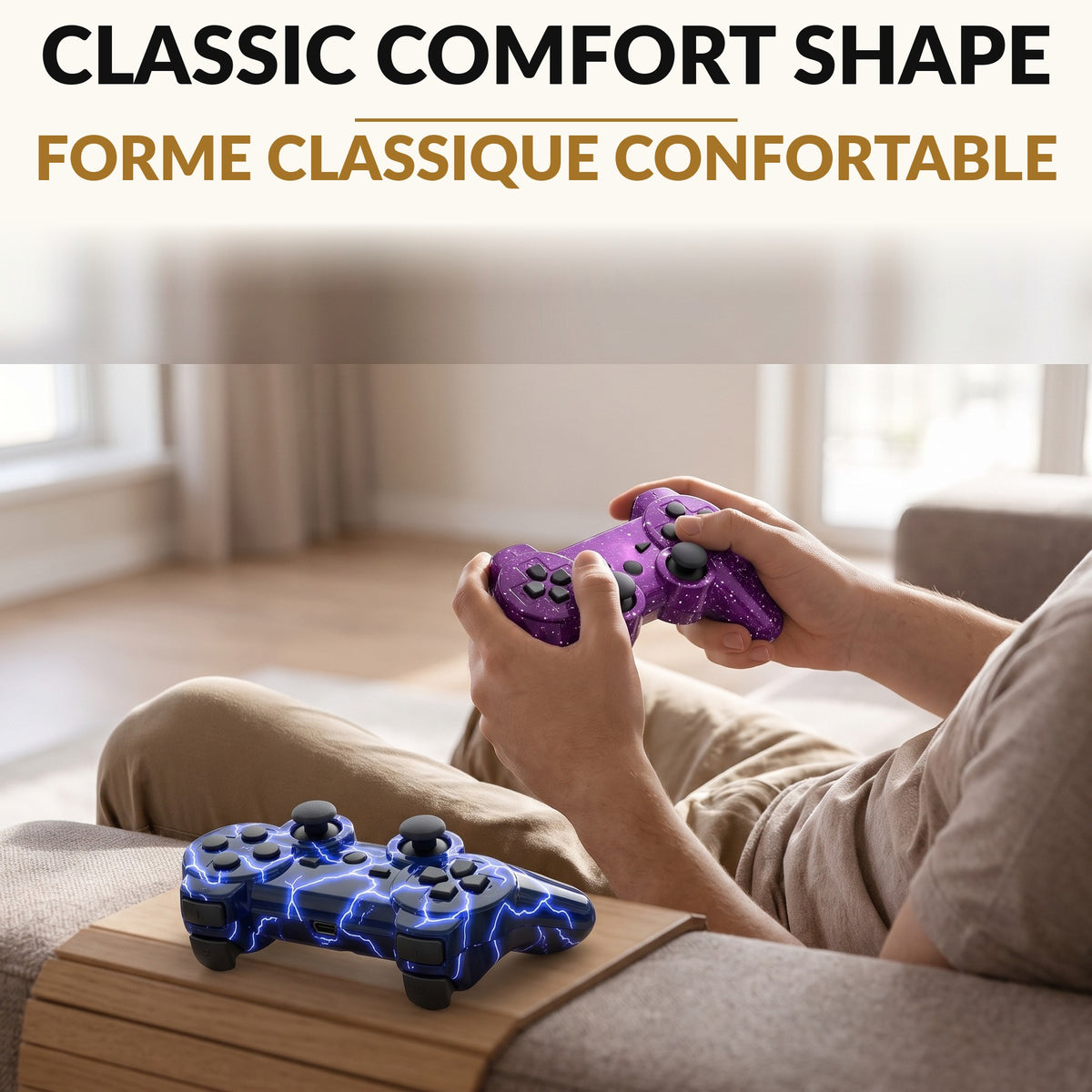 Wireless Game Controller 2 Pack Blue and Purple with Motion Sensing Dual Vibration 33 Foot Bluetooth Range and Charging Cables for Classic Gaming Console