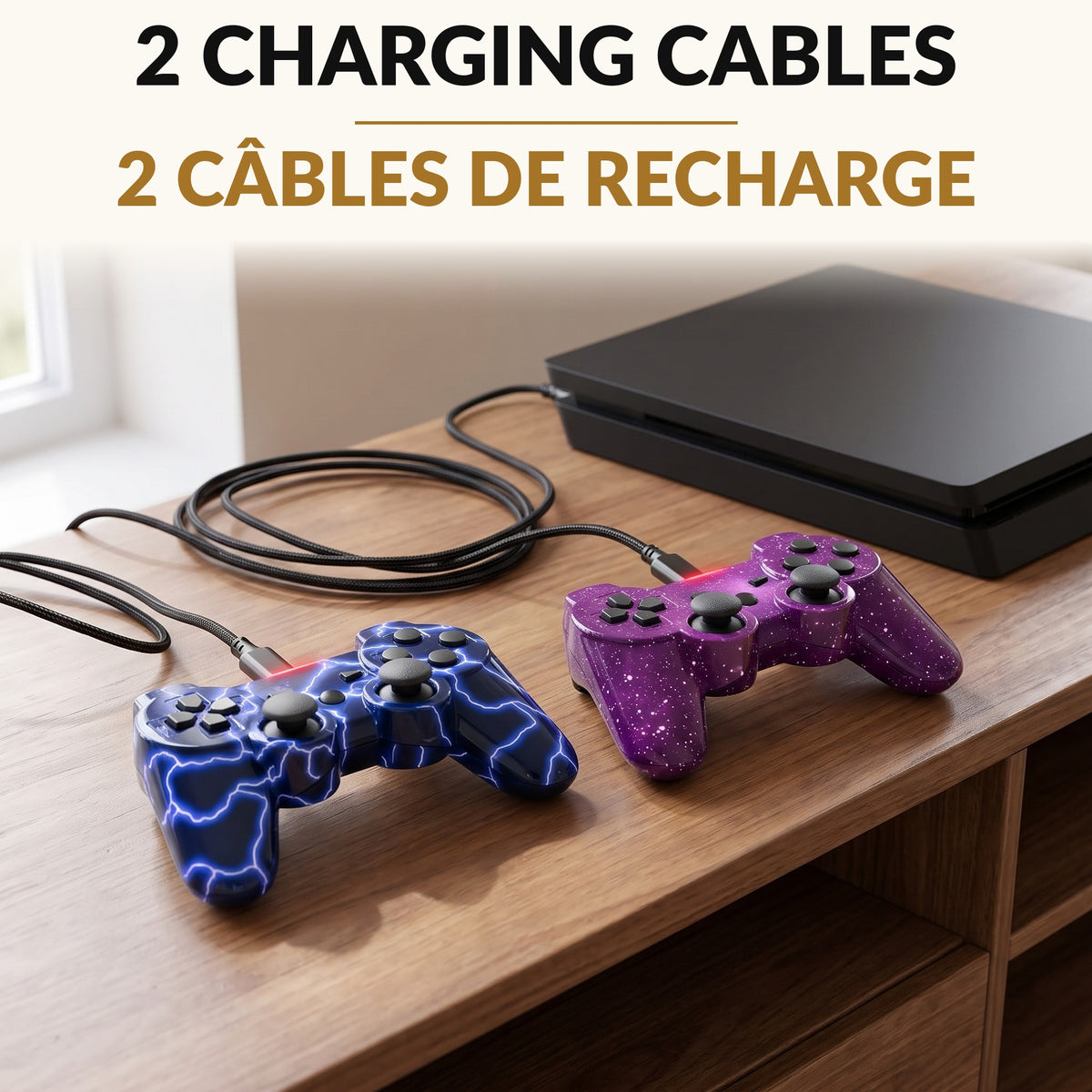Wireless Game Controller 2 Pack Blue and Purple with Motion Sensing Dual Vibration 33 Foot Bluetooth Range and Charging Cables for Classic Gaming Console