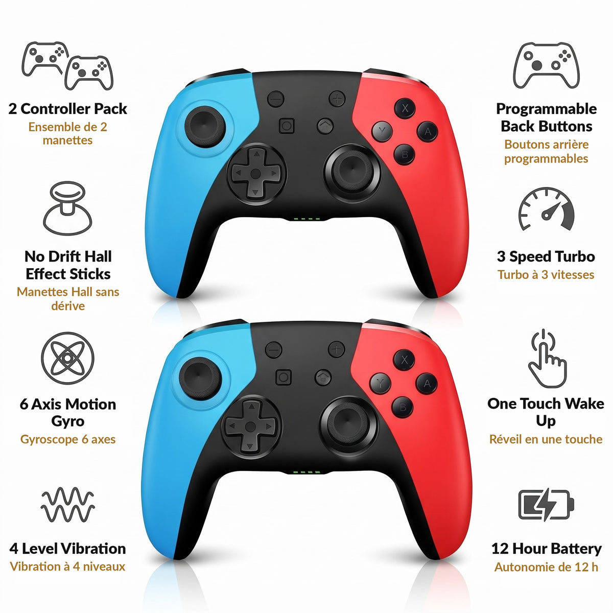 Controller + Power Bundle - Wireless Game Controller 2-Pack with Hall Effect Joysticks, Turbo and Gyro, Plus Rechargeable Battery 4-Pack with Charging Station