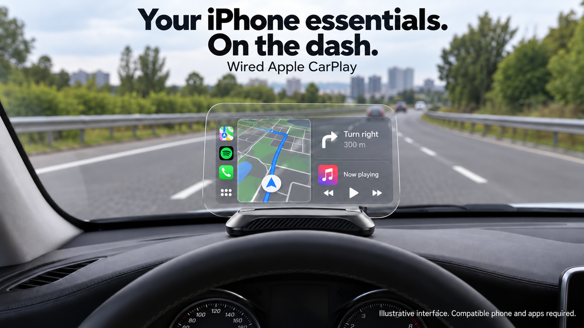 Holo Pilot One wired Apple CarPlay; compatible iPhone and apps required; illustrative interface