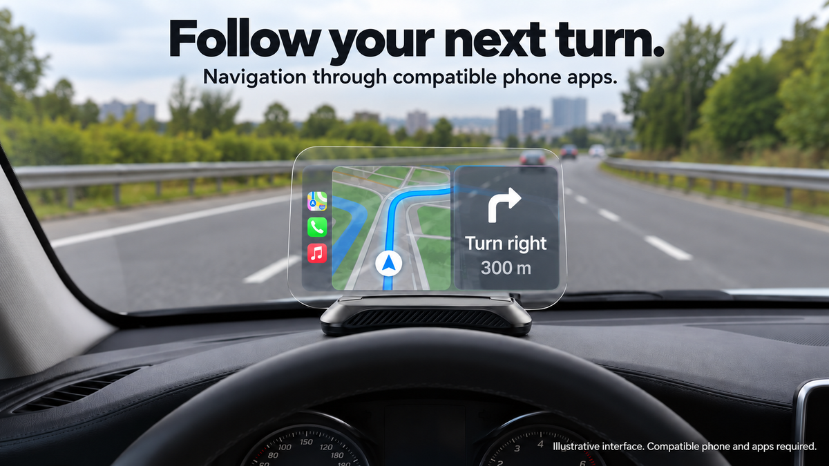 Holo Pilot One route guidance through compatible phone apps, illustrative interface