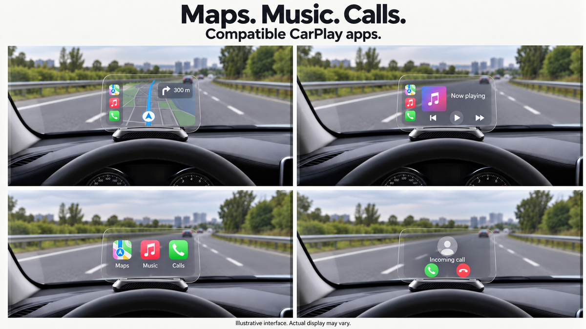 Holo Pilot One maps, music and calls through compatible CarPlay apps; illustrative interfaces