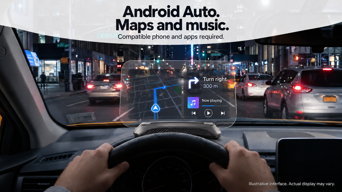 Holo Pilot One Android Auto maps and music; compatible phone and apps required; illustrative interface