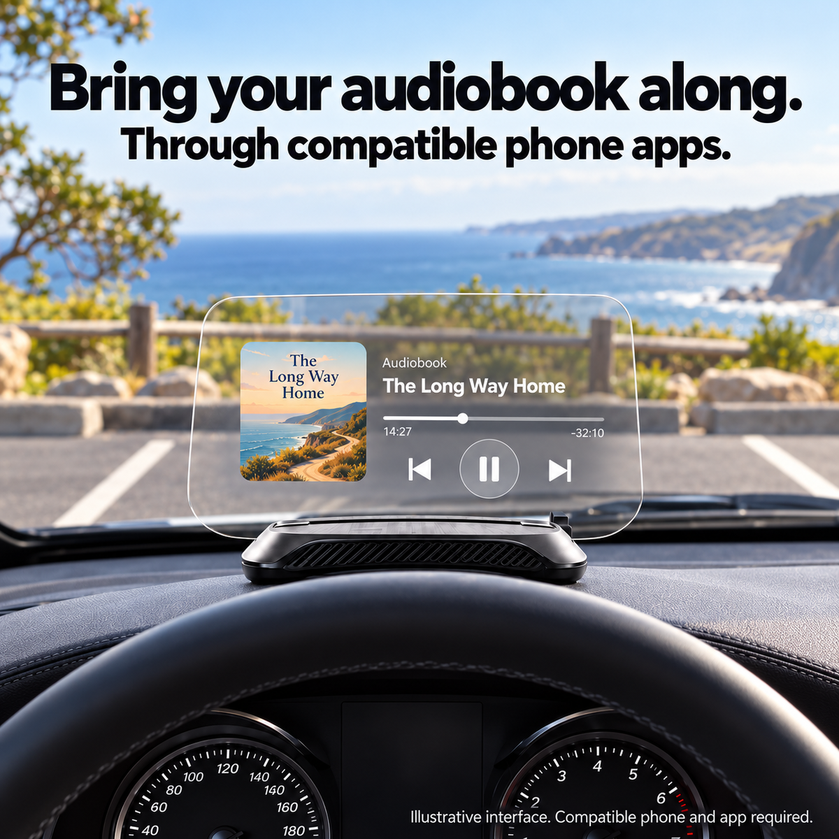 Holo Pilot One audiobook use through compatible phone apps while parked; illustrative interface.
