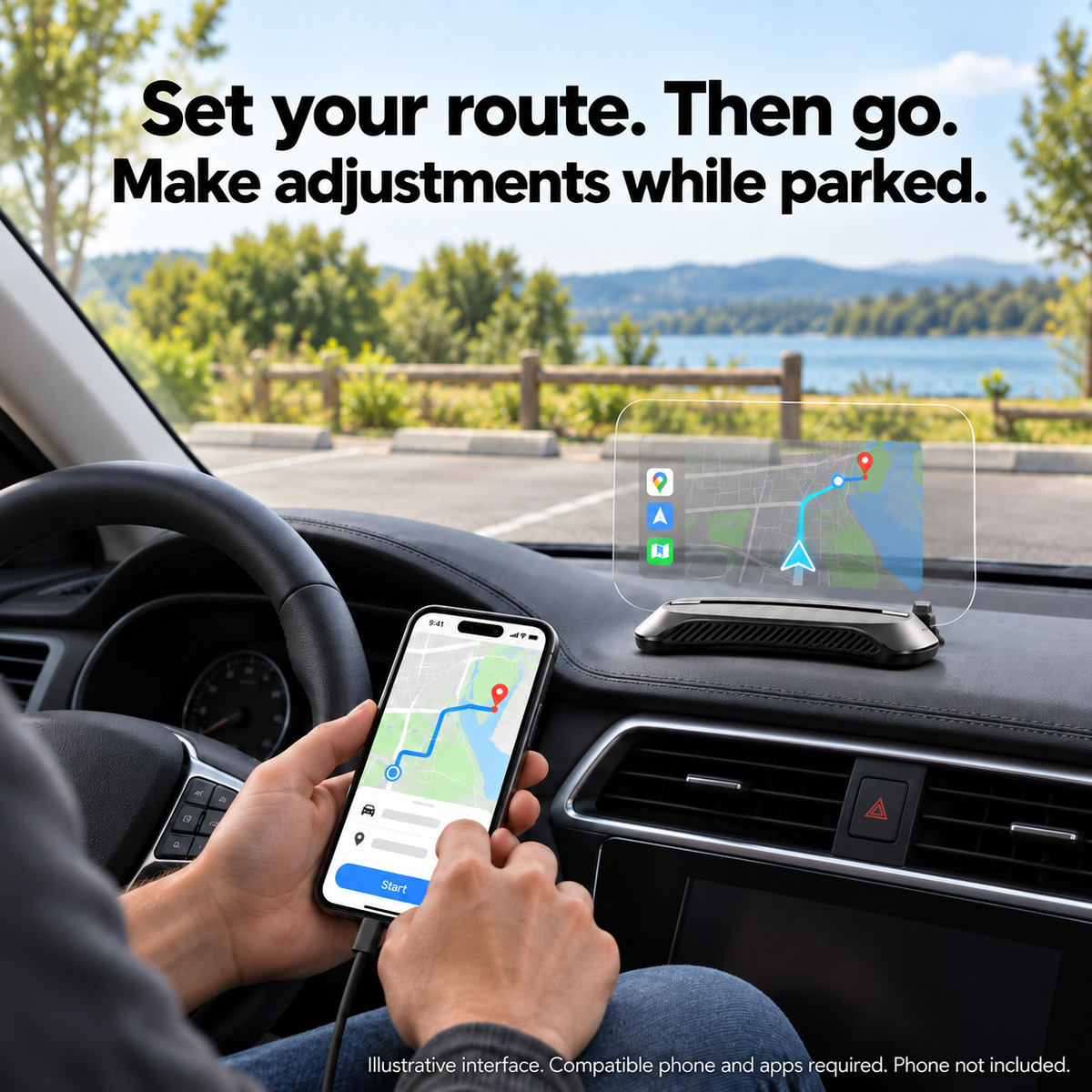 Holo Pilot One route planning while parked, with wired compatible iPhone; illustrative interface, phone not included.
