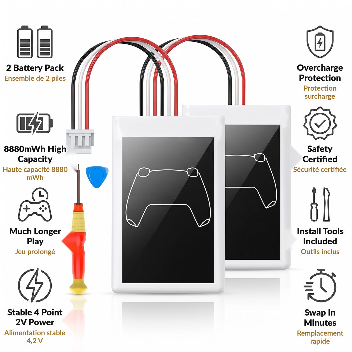 Controller Replacement Battery 2 Pack 8880mWh High Capacity Rechargeable Lithium Ion with Install Tool Kit and Overcharge Protection for Extended Gaming
