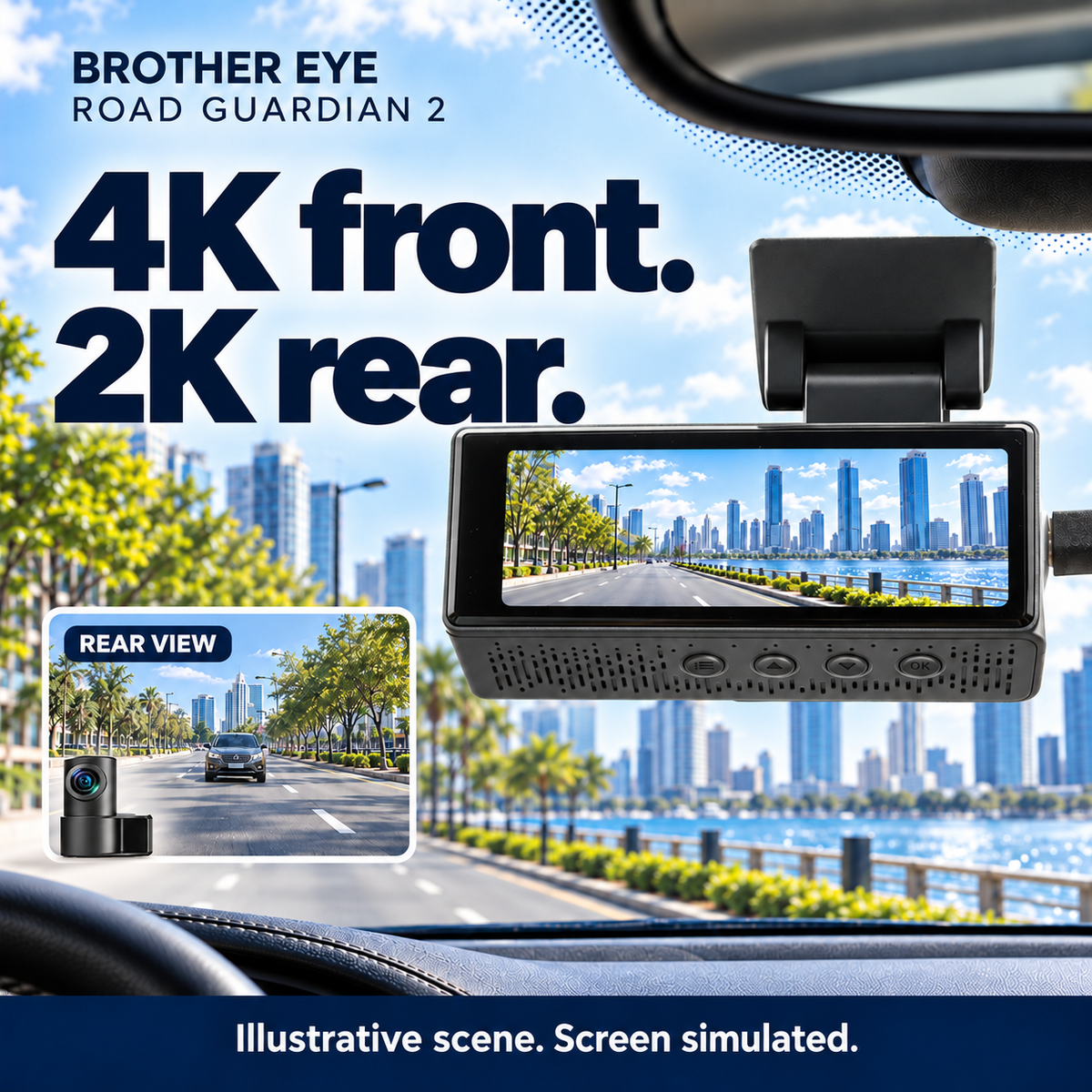 Road Guardian 2: 4K front and 2K rear camera resolution; illustrative scene and simulated screen