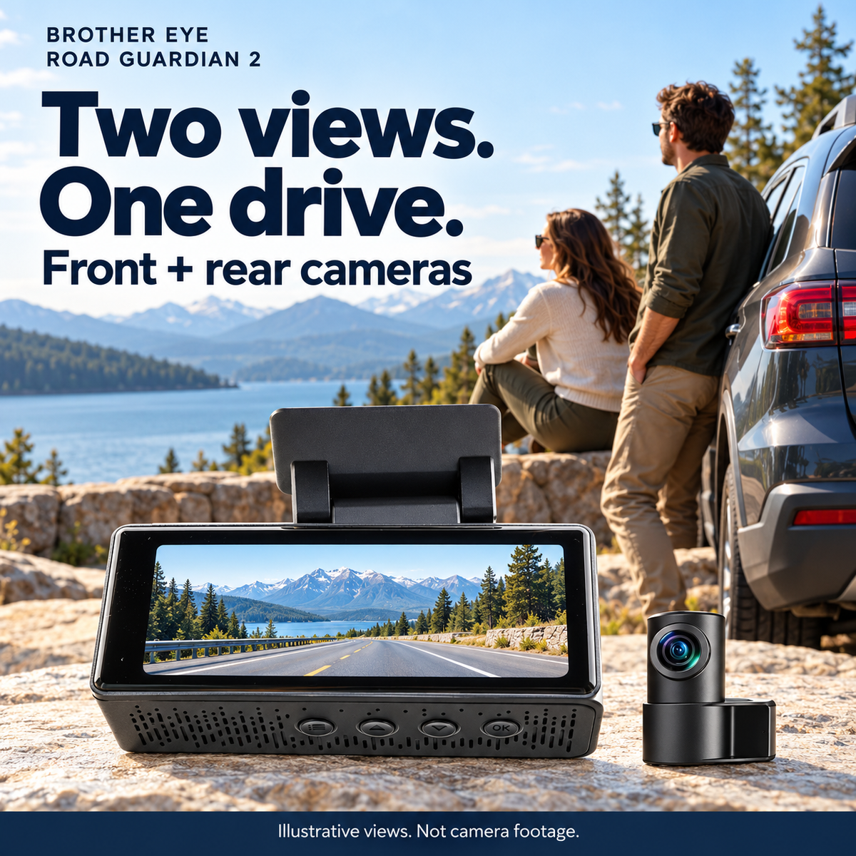Road Guardian 2 front and rear cameras beside a lake; illustrative views, not camera footage