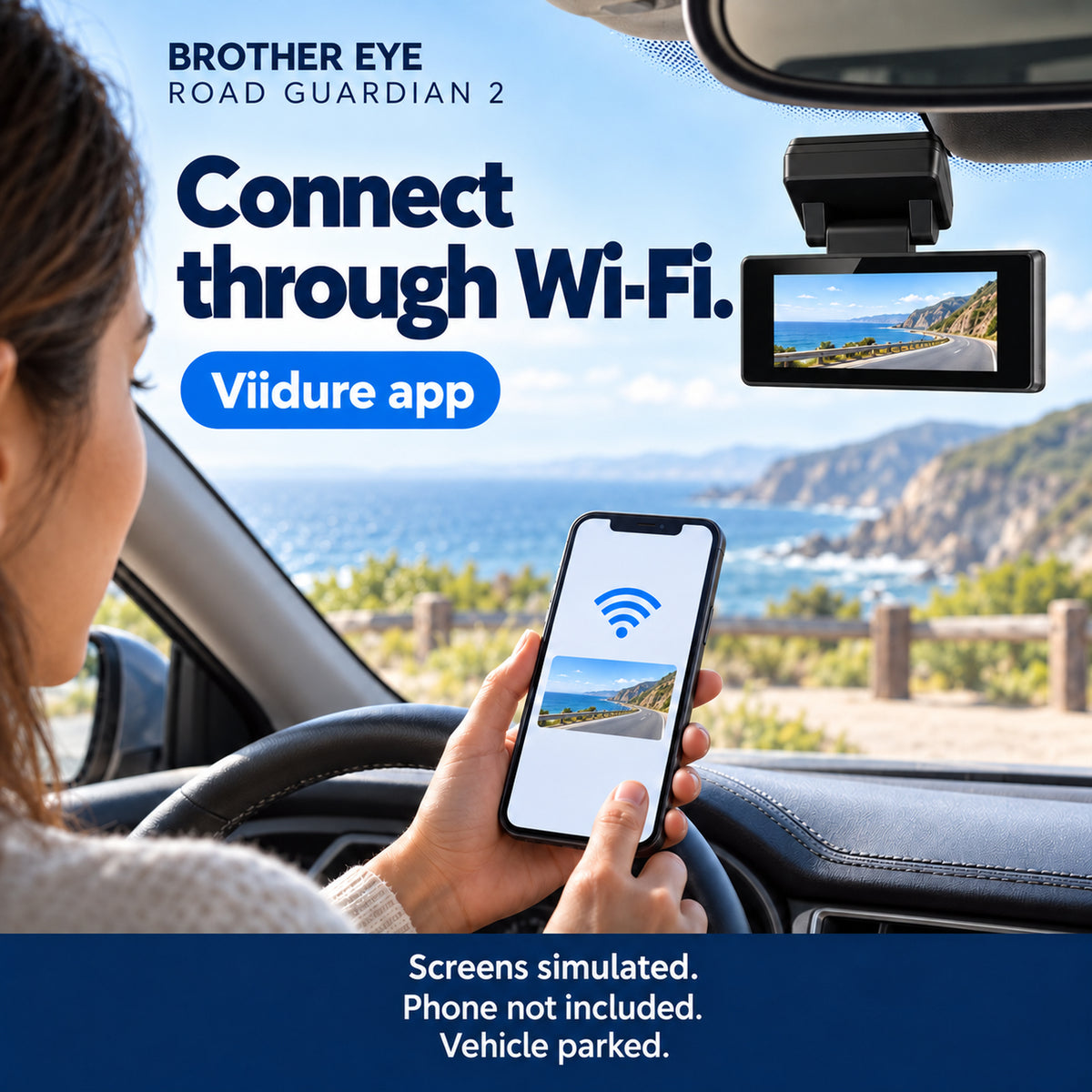 Road Guardian 2 Wi-Fi connection and Viidure app; screens simulated, phone not included, vehicle parked