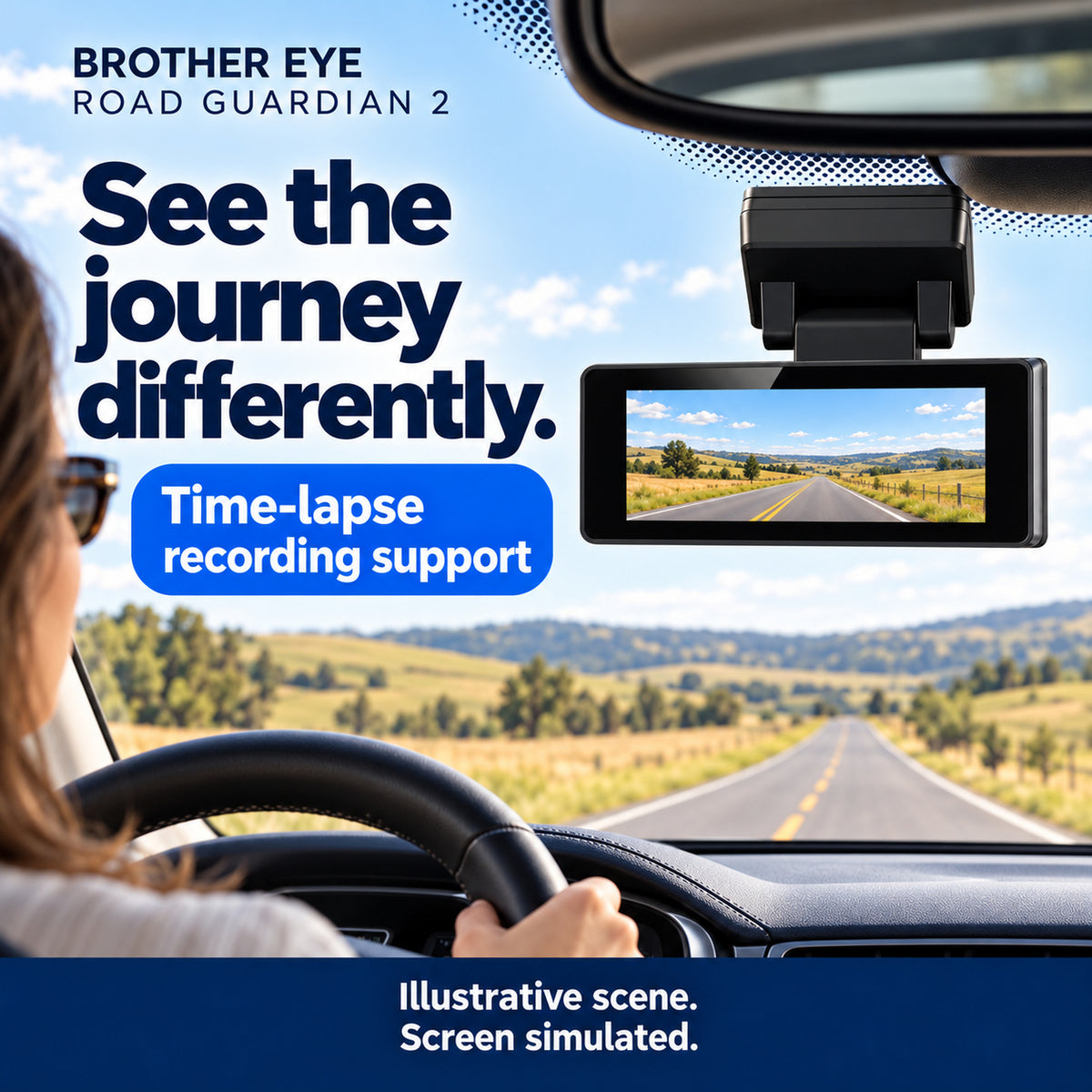 Road Guardian 2 time-lapse recording support; illustrative scene and simulated screen