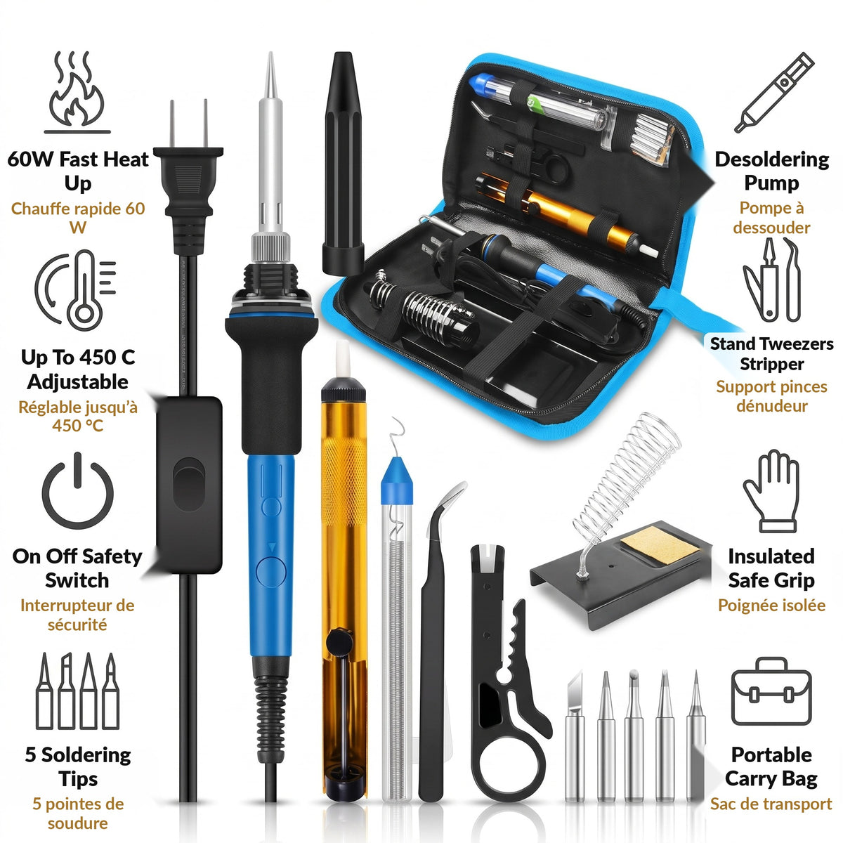 Maker Workbench Trio Bundle - 1390-Piece Electronic Components Kit, Solderless Breadboard Kit and 60W Soldering Iron Kit for DIY Electronics and Repair