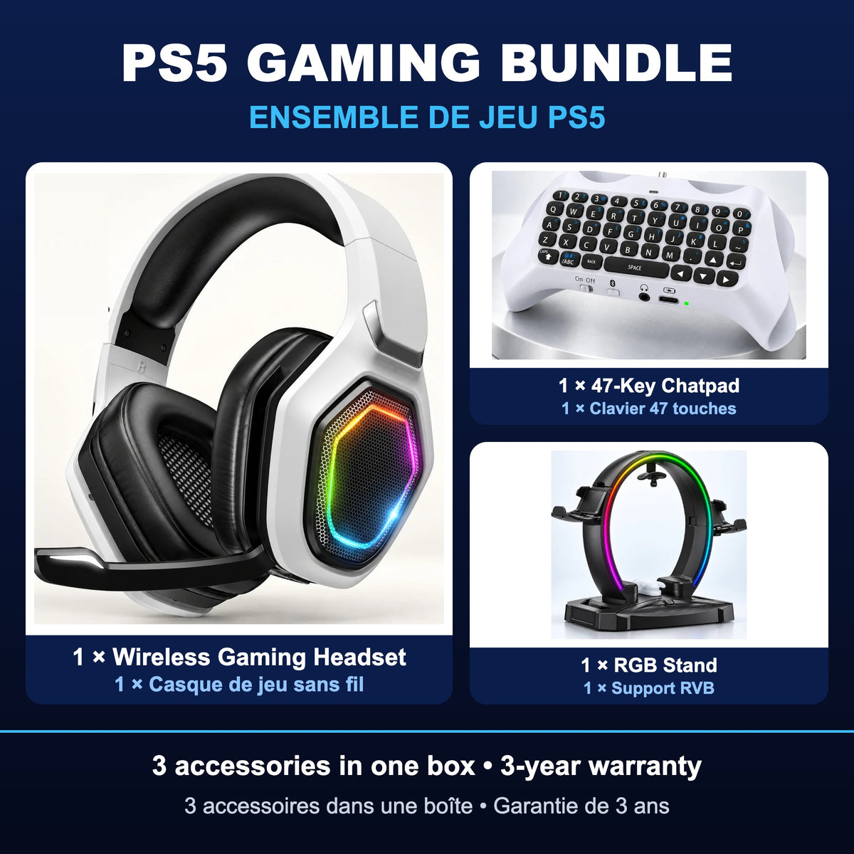 Bigly Brothers PS5 Gaming Bundle – Wireless Gaming Headset, 47-Key Bluetooth Chatpad Keyboard & RGB Stand – Circular Stand with 9 Light Modes – White/Black