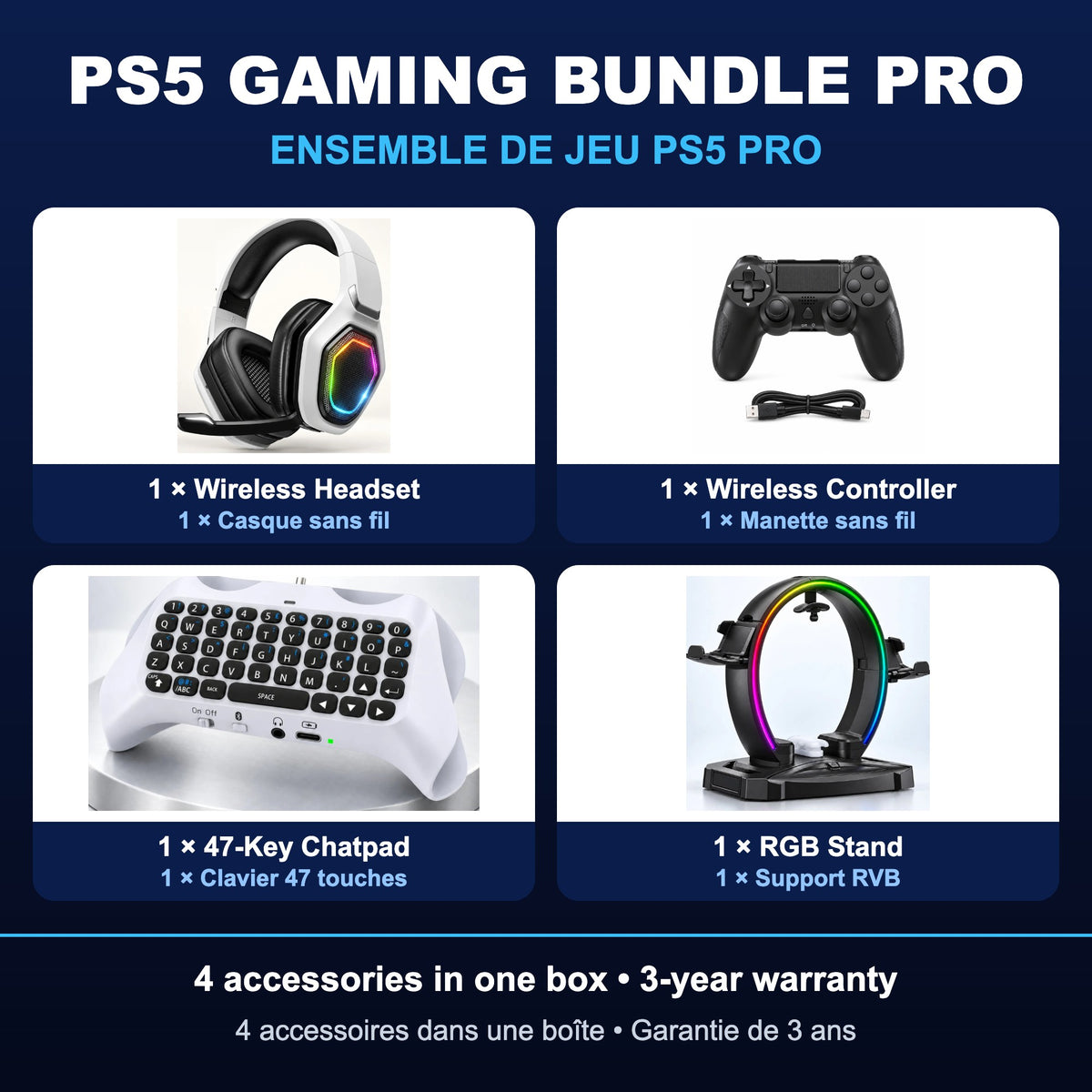 Bigly Brothers PS5 Gaming Bundle Pro – Wireless Headset, Wireless Controller, 47-Key Bluetooth Chatpad & RGB Stand – 9 Light Modes – White/Black