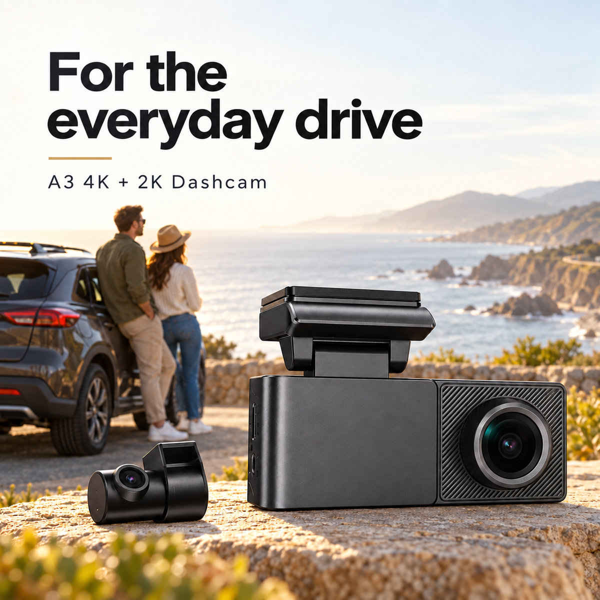 A3 dashcam in an illustrative scenic road-trip composition