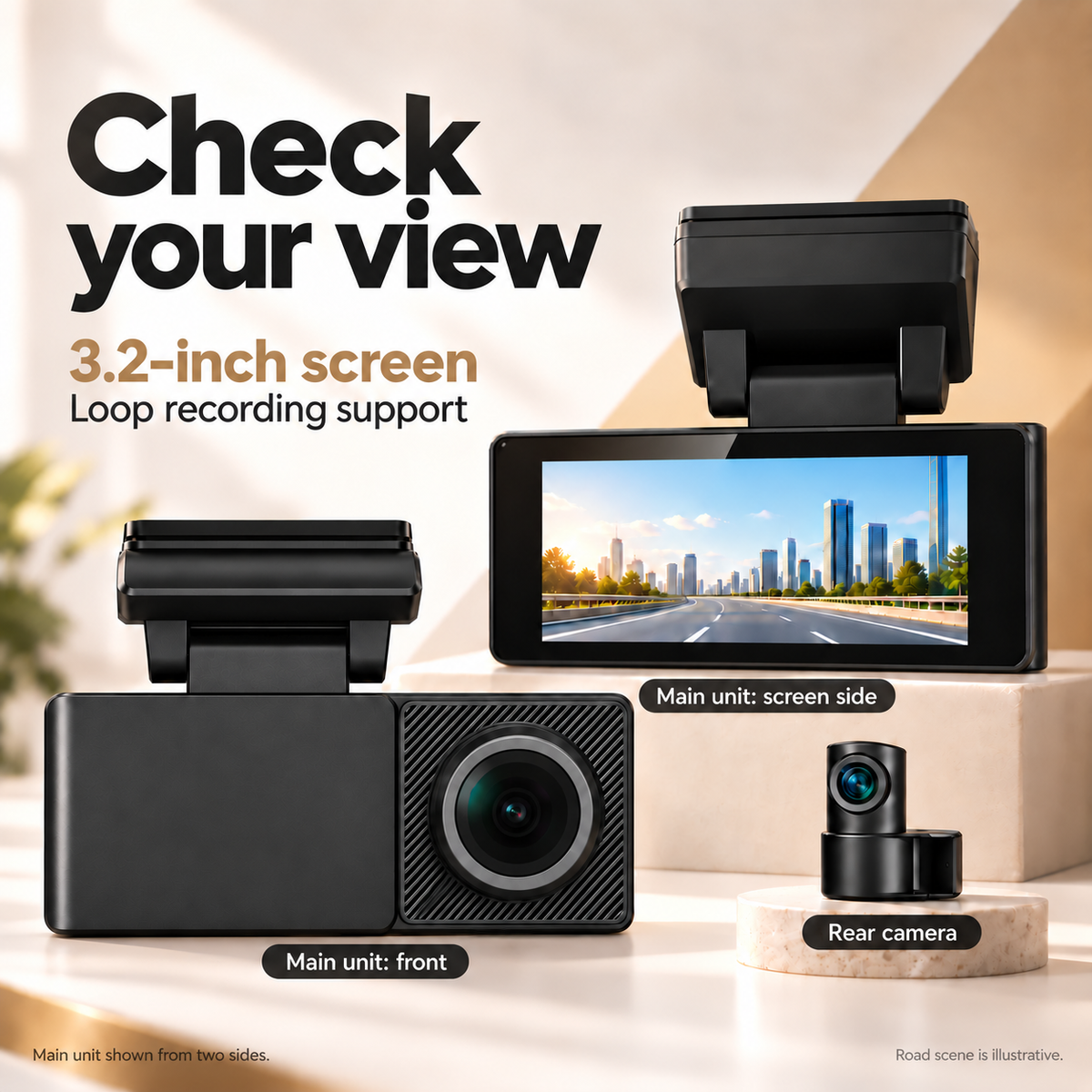 A3 main-unit front and screen-side views, rear camera, 3.2-inch screen and loop recording support