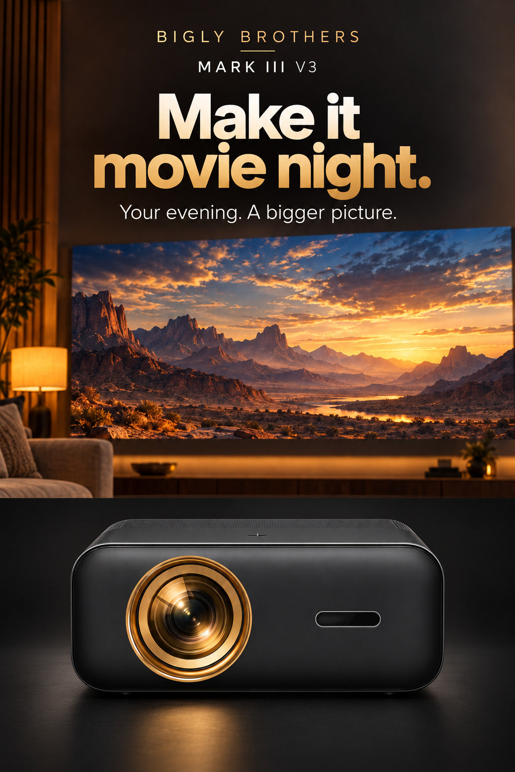 Brother Eye Mark III Elite V3 flat black projector with gold lens ring in an illustrative movie-night living room.