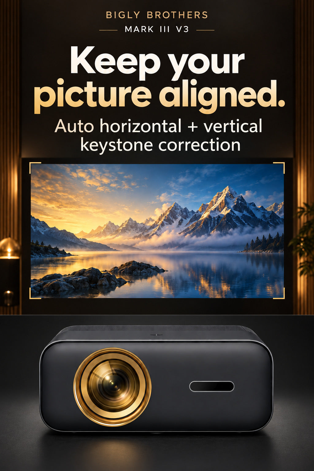 Brother Eye Mark III Elite V3 auto horizontal and vertical keystone correction panel with an illustrative aligned projection.