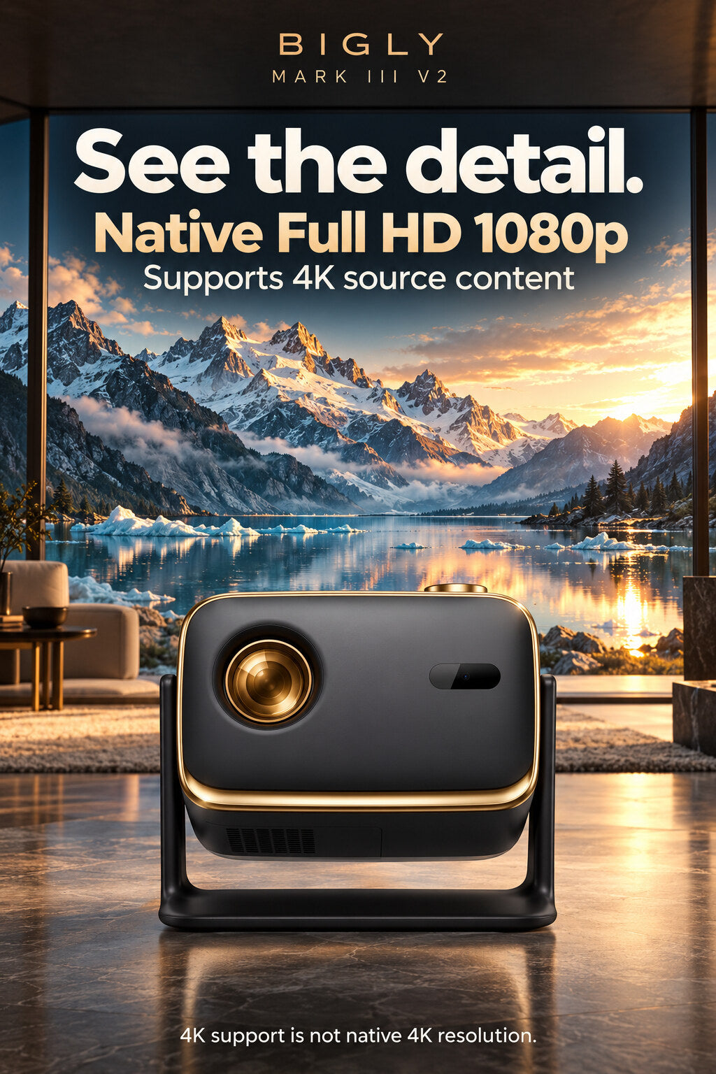 Bigly Mark III V2: native Full HD 1080p with 4K source support; 4K support is not native 4K resolution. AI advertising illustration.