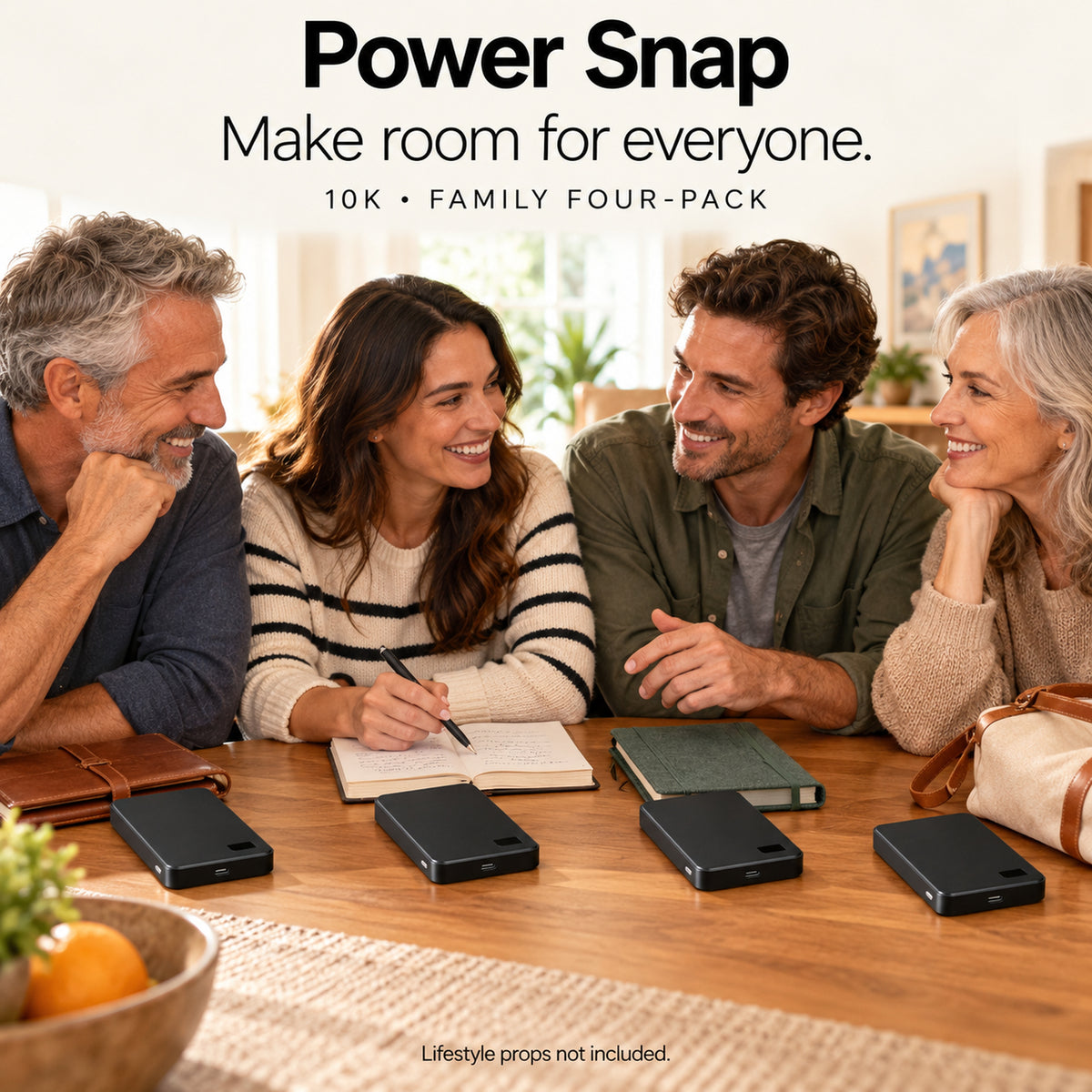 A four-pack for the household. Four Power Snap banks ready on a weekend table; props not included.