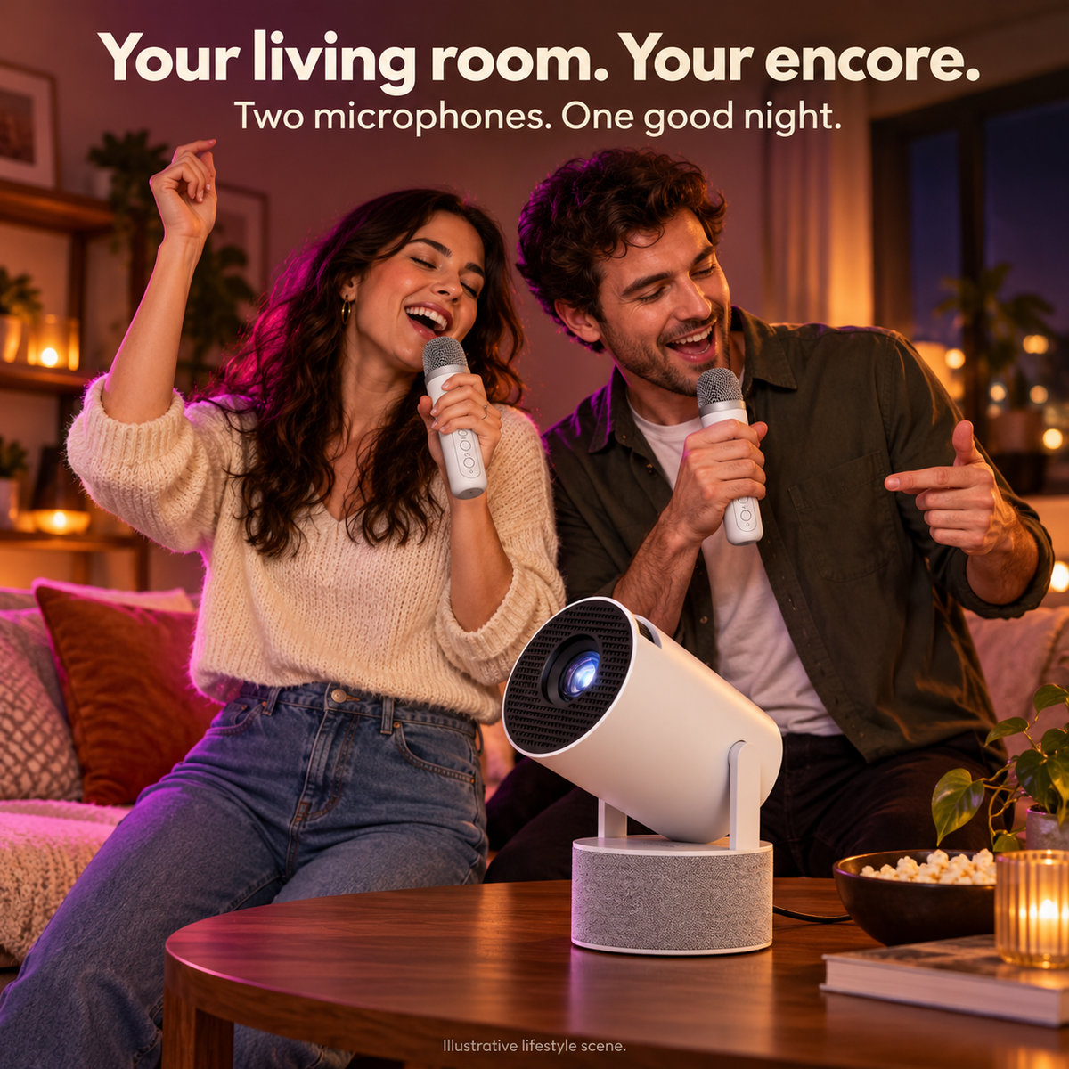 Two adult friends sing with the two microphones beside the karaoke projector.