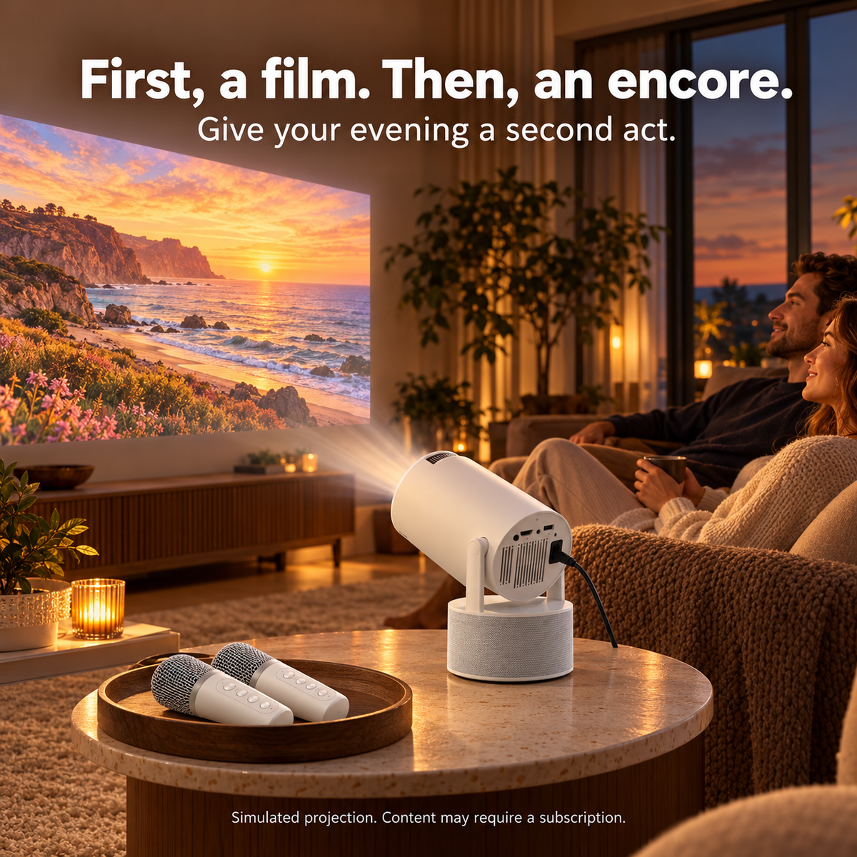 A couple watches an illustrative coastal film, with the projector connected to power and two microphones resting nearby.