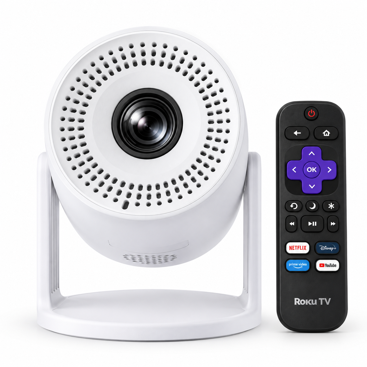 Boldever B01A11 white Roku TV projector with white circular grille and its black Roku TV remote.