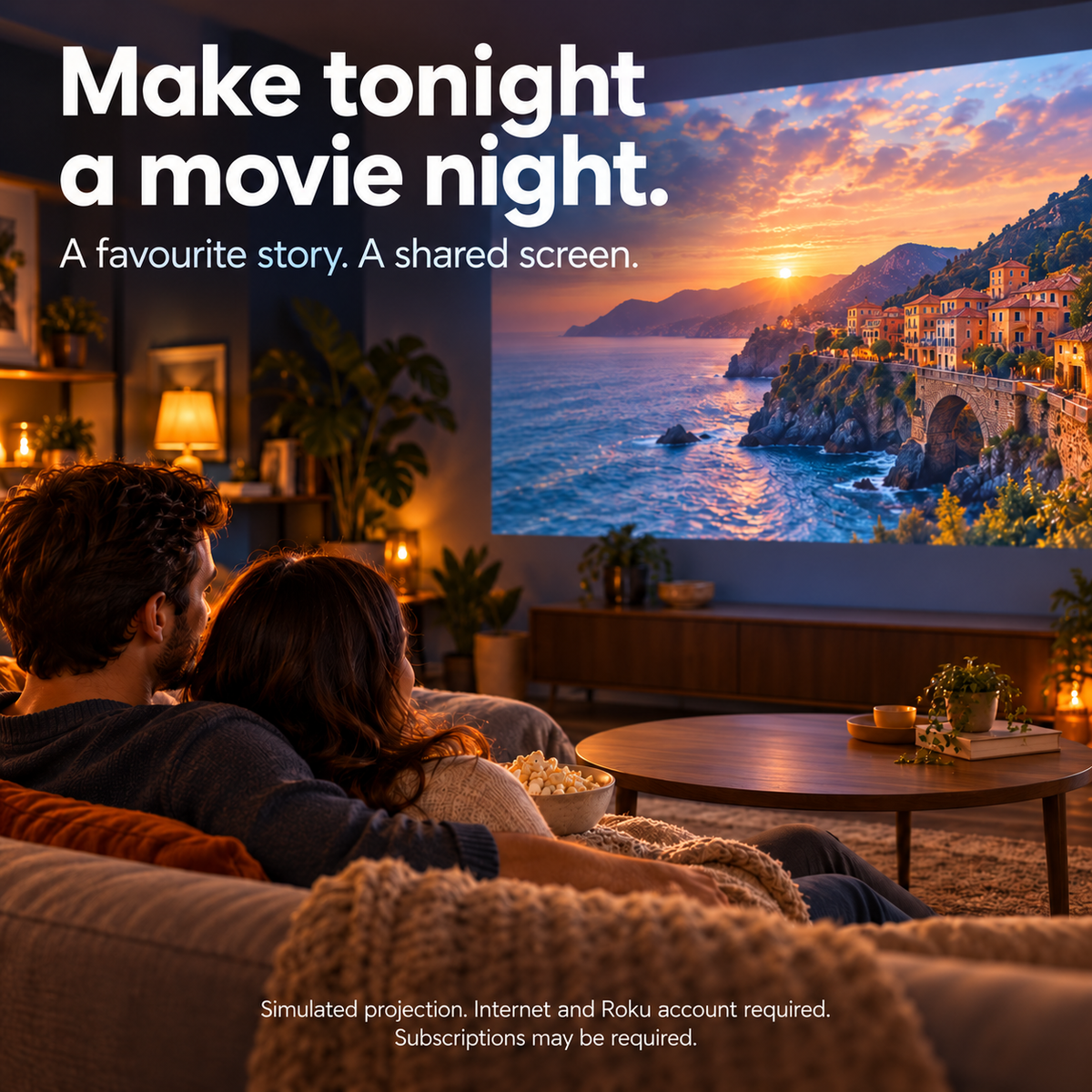 Couple watches an illustrative coastal film in a darkened room.