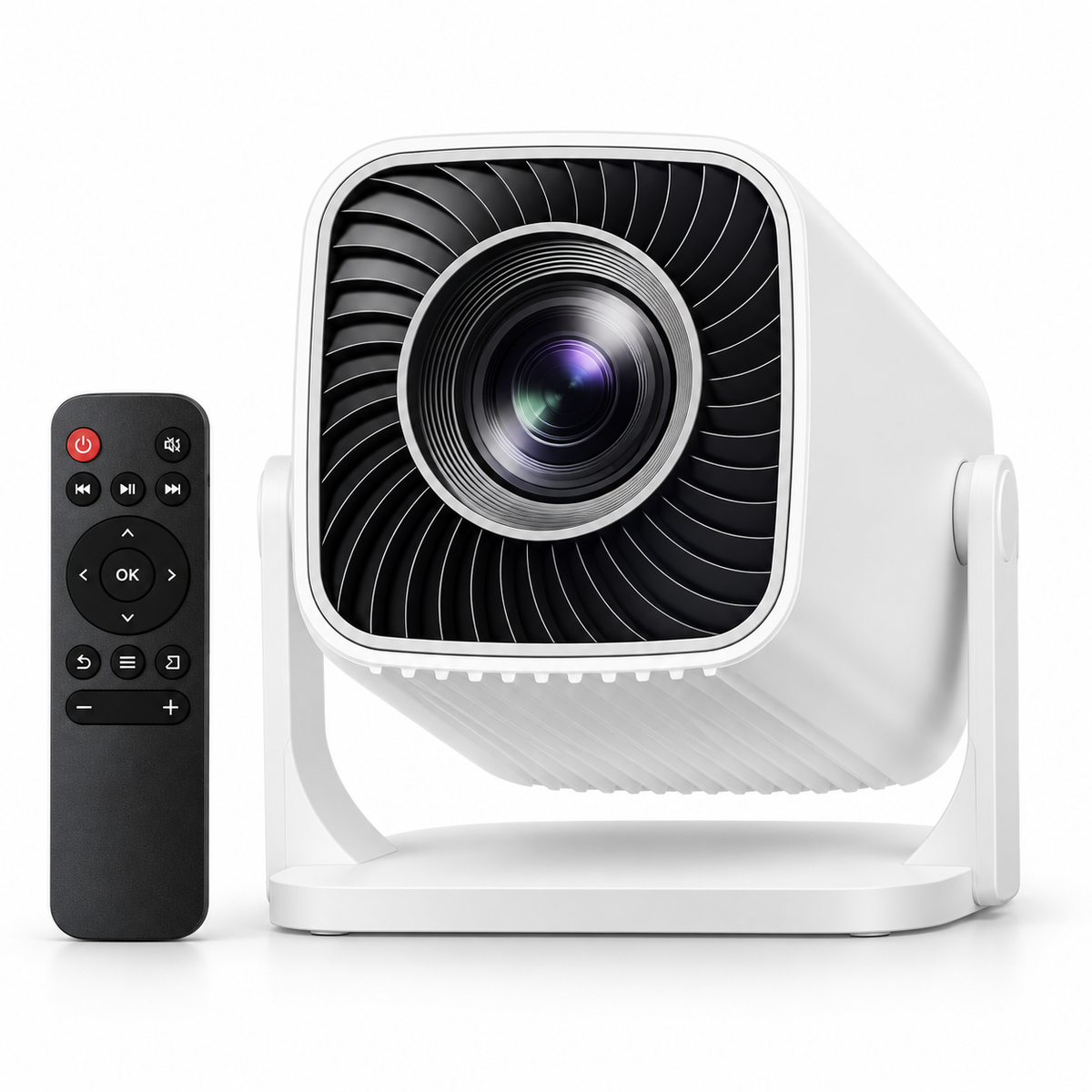 Sainyer white mini projector with black radial front grille, tilting stand and black remote on white.