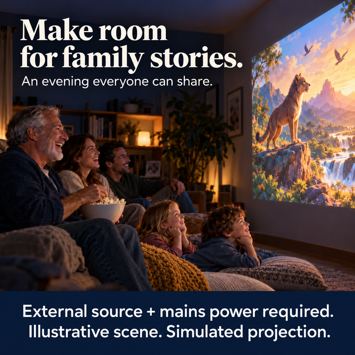 A multigenerational family shares an illustrative animal-adventure film.