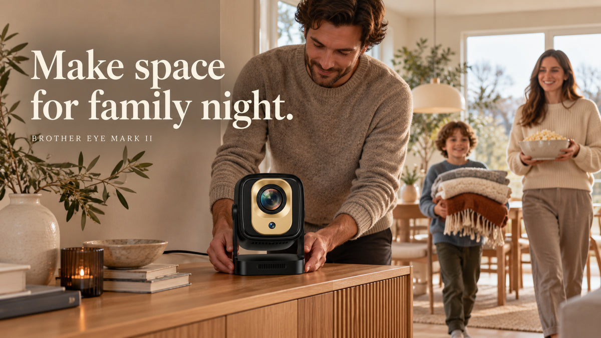 Brother Eye Mark II black and gold projector — Make space for family night.