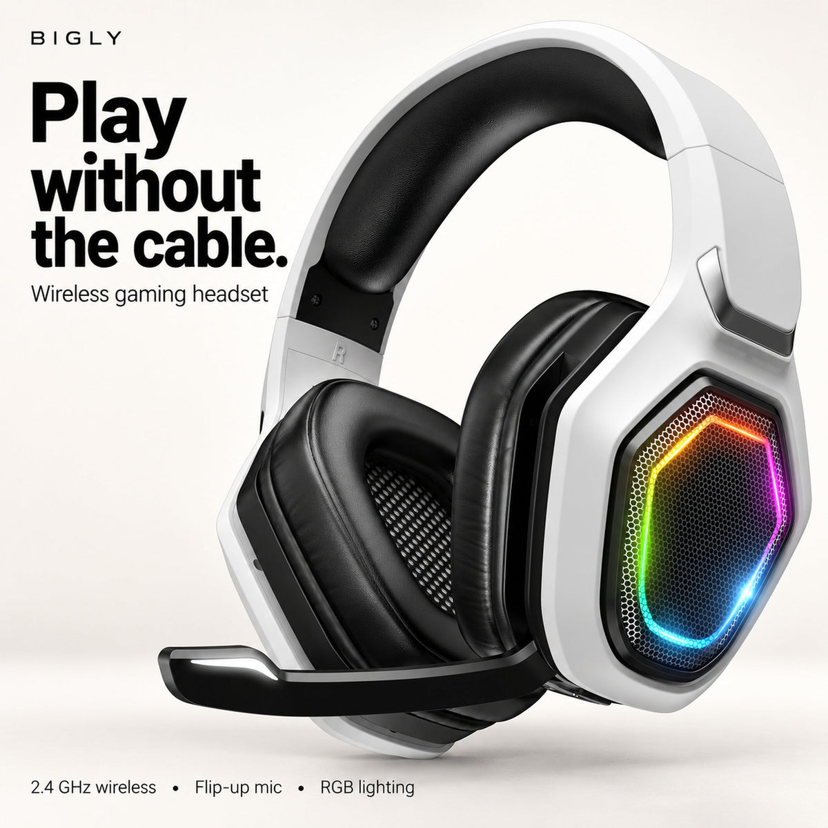 Bigly Brothers PS5 Gaming Bundle – Wireless Gaming Headset, 47-Key Bluetooth Chatpad Keyboard & RGB Stand – Circular Stand with 9 Light Modes – White/Black