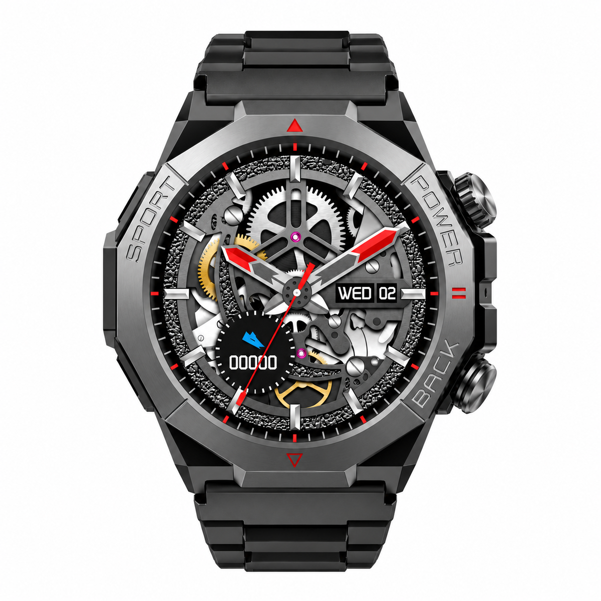 Divine Insight smartwatch, front view with black strap and round gunmetal case