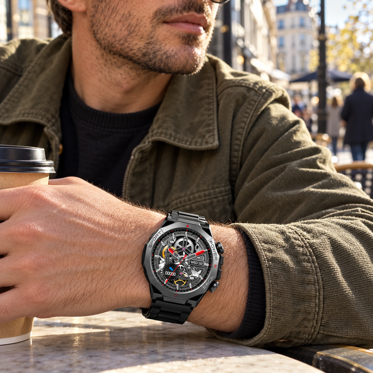 Divine Insight smartwatch in a city cafe setting