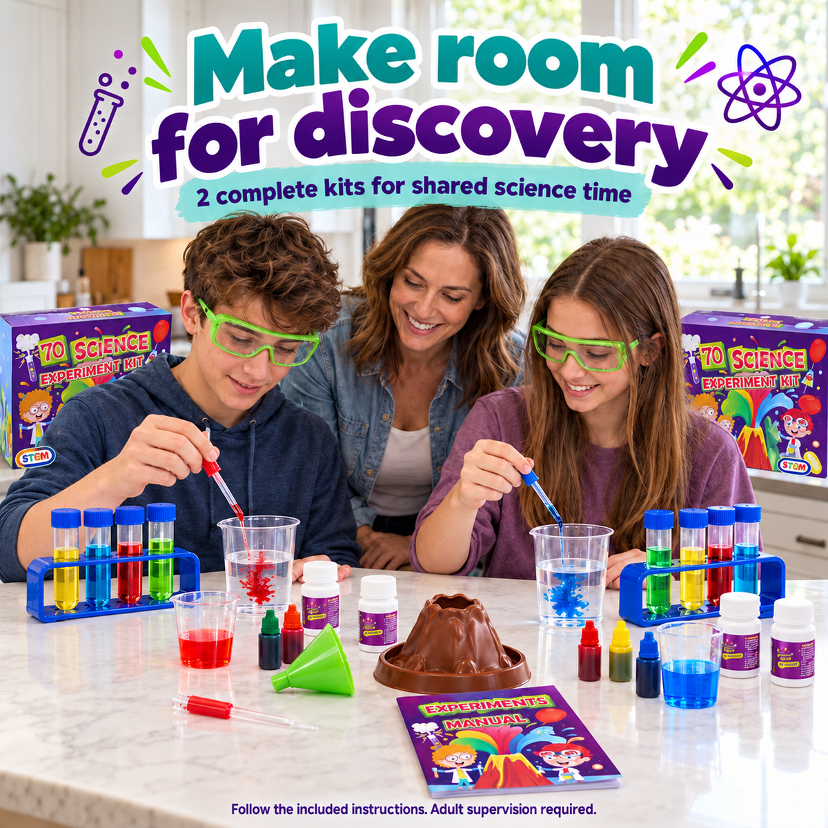Bigly Brothers 2-Pack Kids Science Lab Kit — 70 Fun Experiments, Volcano Eruption, STEM Learning Set with Illustrated Guide