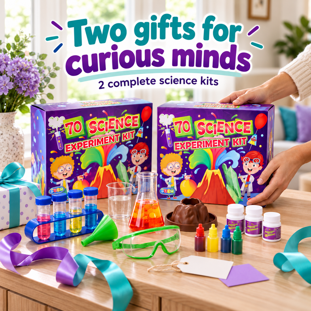 Bigly Brothers 2-Pack Kids Science Lab Kit — 70 Fun Experiments, Volcano Eruption, STEM Learning Set with Illustrated Guide
